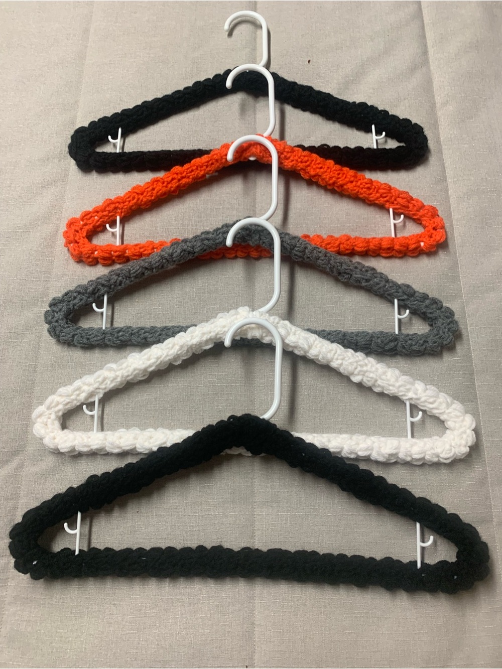 Clothes Hangers Hand Crafted Crochet Black, Orange, Gray, White Set of Five